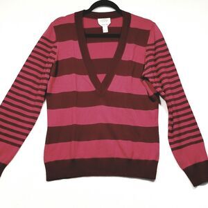 Talbots Pink and Brown Striped V-Neck Sweater